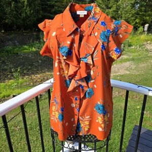 Calvin Klein Floral, Ruffle front blouse, size L, EUC